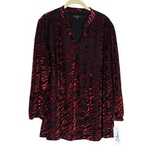 Calessa Tunic Top 1X Red Black Burnout Velvet Zebra Animal Print Holiday Party
